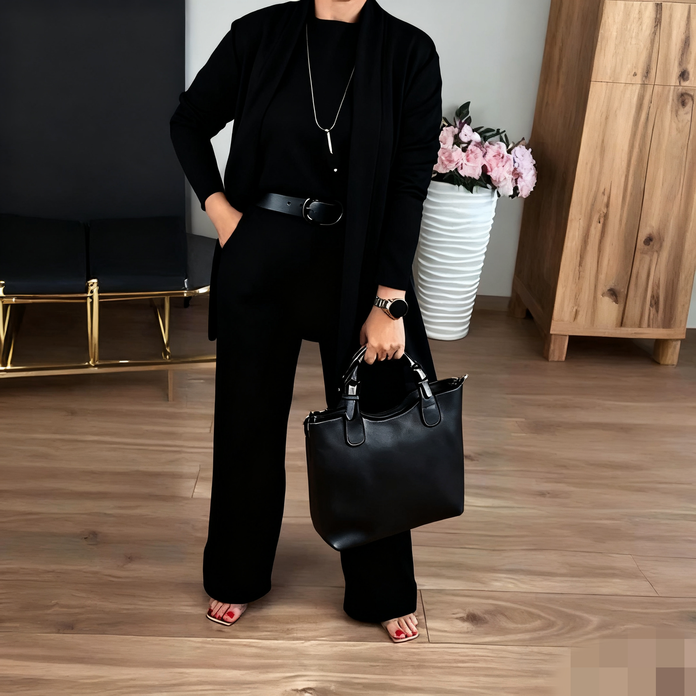 Tuuli | Elegantti kolmiosainen setti, jossa pitkä neuletakki